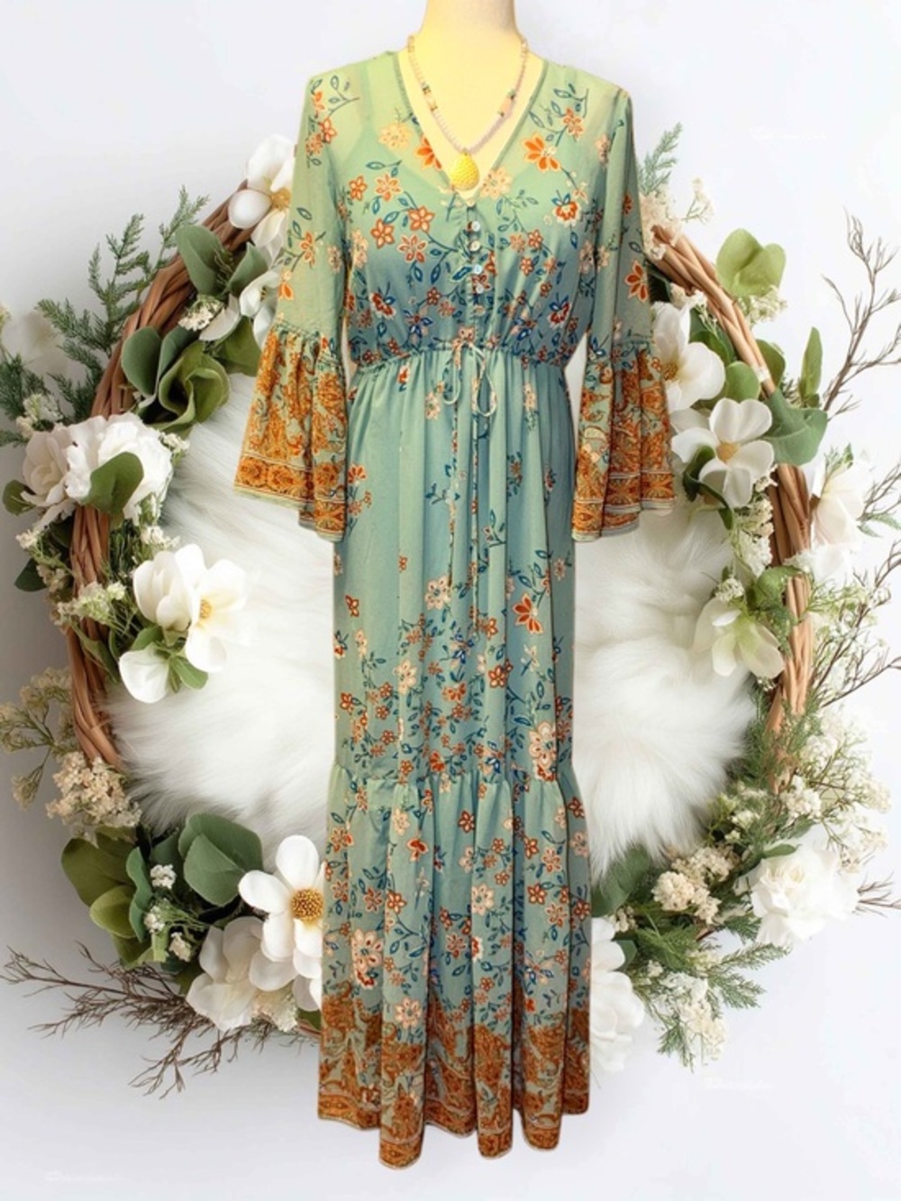 Willow & Clay Julia Border Print Maxi Teal Floral  Dress with Bell Sleeves